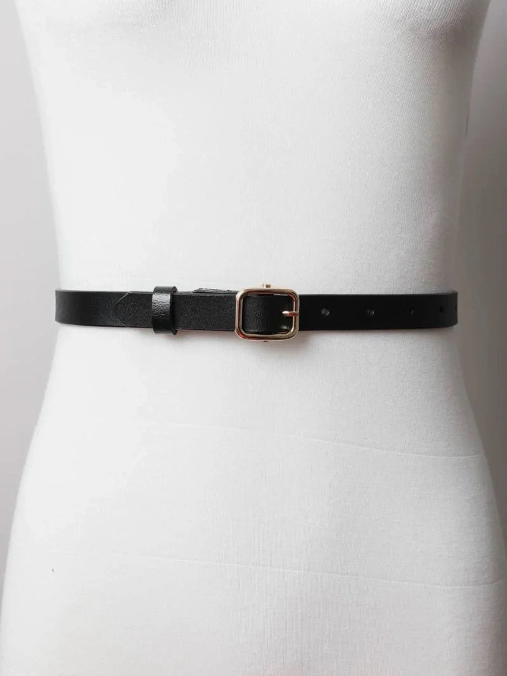 Classic Black Leather Waist Skinny Belt with Gold Buckle